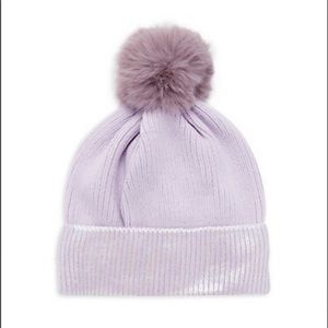 NWT Vince Camuto Pom-Pom Beanie Hat, OS, Lilac w/ Shimmer, soft fleece lining